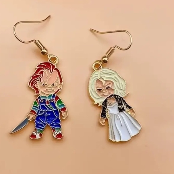 NWT! Chucky and Bride of Chucky Gold Tone Enamel Pierced Dangle Earrings! - Picture 1 of 3